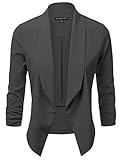 JJ Perfection Women's Lightweight Chiffon Ruched Sleeve Open-Front Blazer CHARCOAL XL