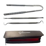 PrimeDentalPro Tongue Scraper and Dental Tools Kit Stainless Steel Set Includes Tartar Scraper, Dental Pick, Tongue Cleaner with Protective Case