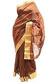 Krishna Sarees Women's Brown and Gold Poly Cotton Saree Indian Poly Cotton Saree Sari Curtain Drape Fabric Unstitched Blouse Piece Brown And Gold