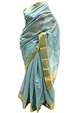 Krishna Sarees Women's Light Sea Green and Gold Poly Cotton Saree Indian Poly Cotton Saree Sari Curtain Drape Fabric Unstitched Blouse Piece Light Sea Green And Gold
