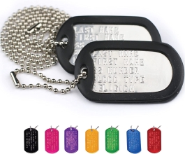 Custom US Military Dog Tags - Includes Two Personalized ID Tags Complete with Steel Chains and Silencers. 8 Color Options Available: Stainless Steel, Black, Blue, Green, Gold, Pink, Purple, or Red.