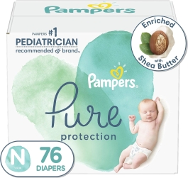 Diapers Size 0/Newborn, 76 Count - Pampers Pure Protection Disposable Baby Diapers, Hypoallergenic and Unscented Protection, Super Pack (Packaging & Prints May Vary)